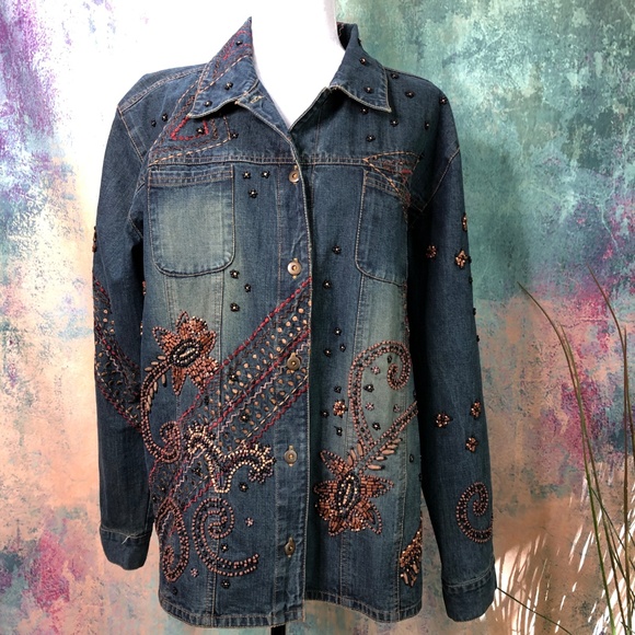 📌Chico's Incredibly Beautiful Denim Jacket Gorgeous Rich Details Of Embroidery - Picture 1 of 16